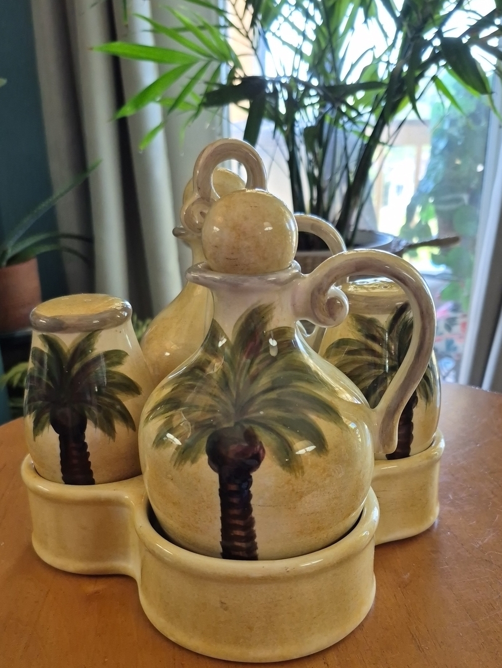 Vtg. Bellagio Hand-Painted Palm Tree Ceramic Oil & Vinegar, S & P Caddy Set